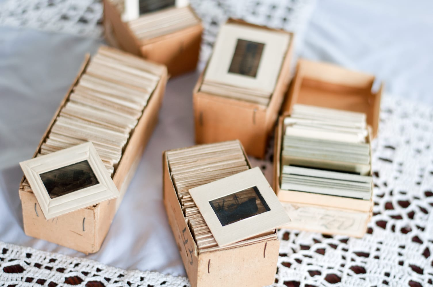 Vintage photo slides in paper boxes