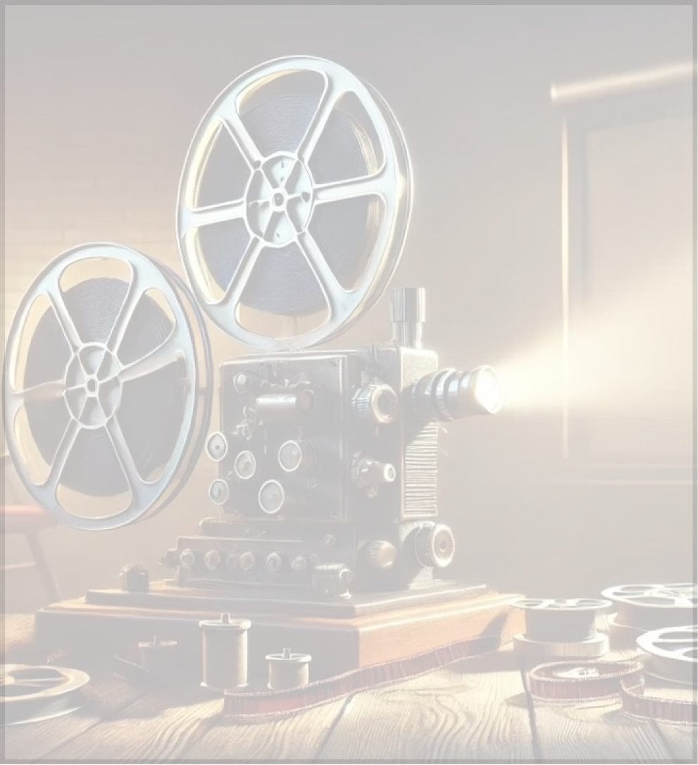 Vintage film projector with reels on table.