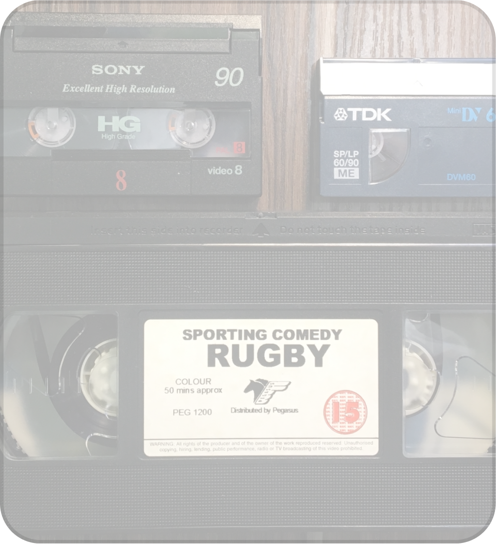 Video and audio tapes, sporting comedy rugby VHS.
